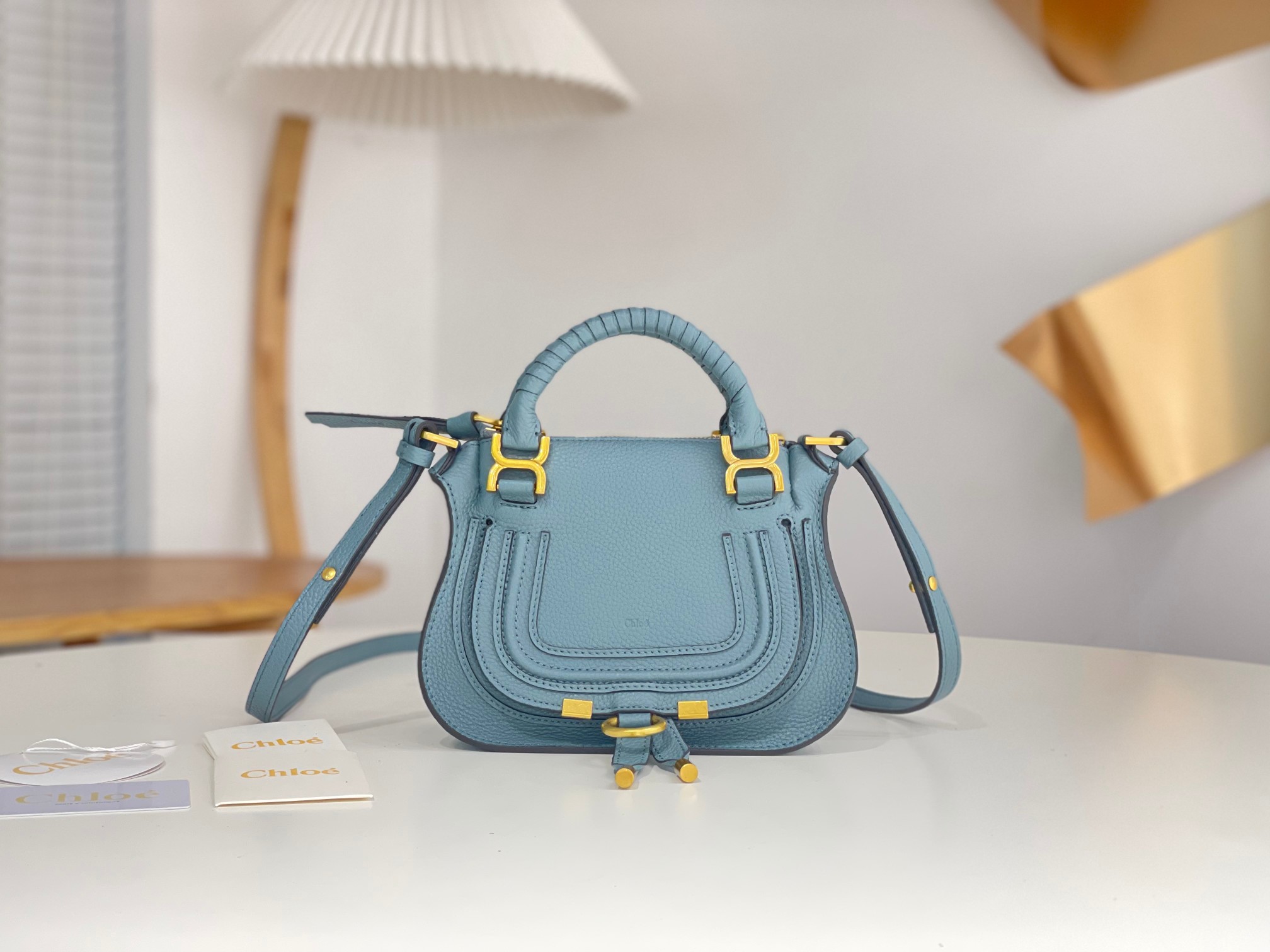 Chloe Mini Marcie Bag In Light Blue Grained Leather